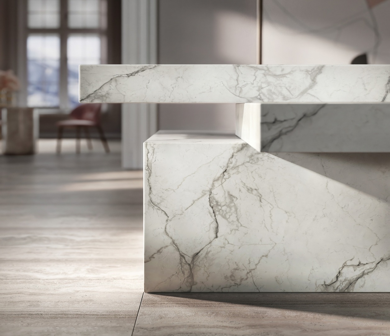 Eclos Wondr: Close-up of a white marble countertop with grey veining