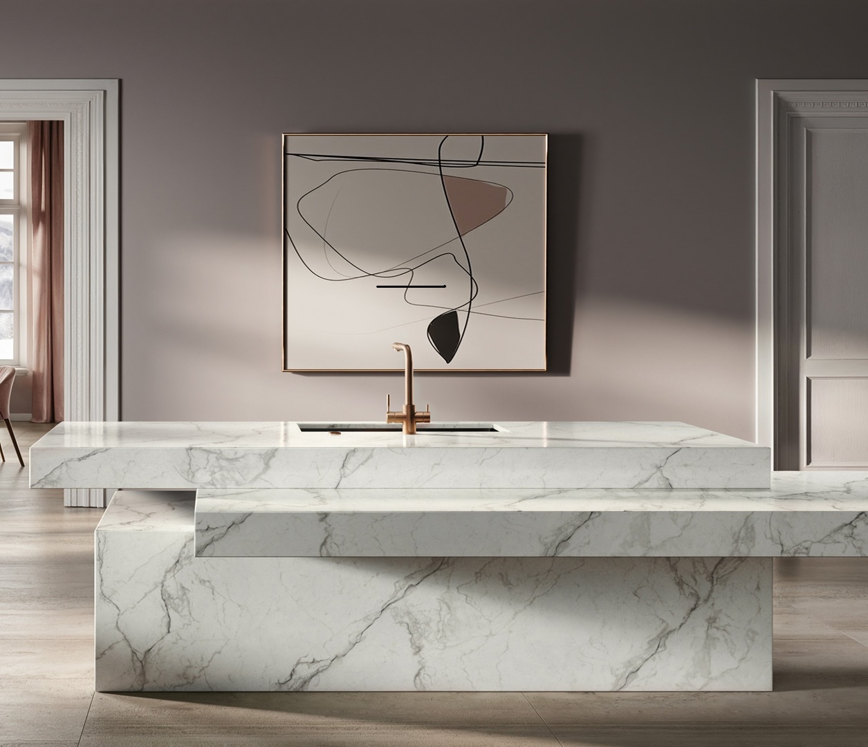 Modern kitchen island with marble countertop, brass faucet, and abstract art