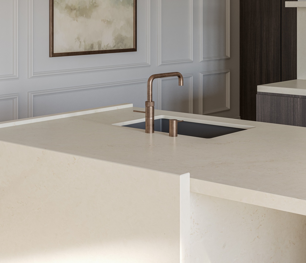 Eclos Sandr quartz countertop with a modern copper faucet and sink.