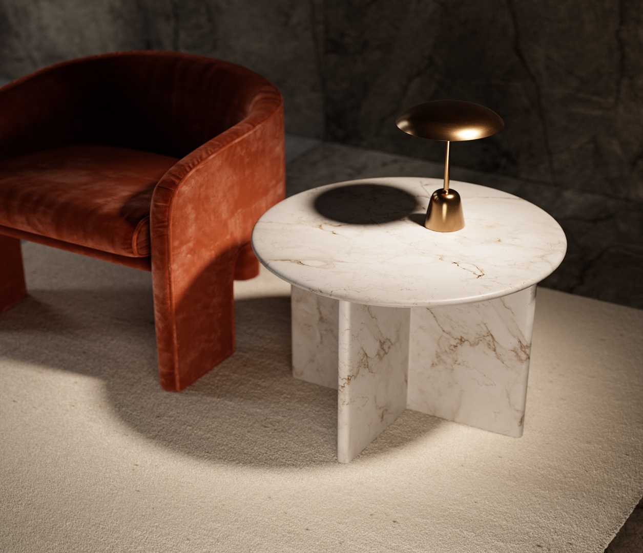 Eclos Landr: Orange velvet chair beside marble side table with lamp