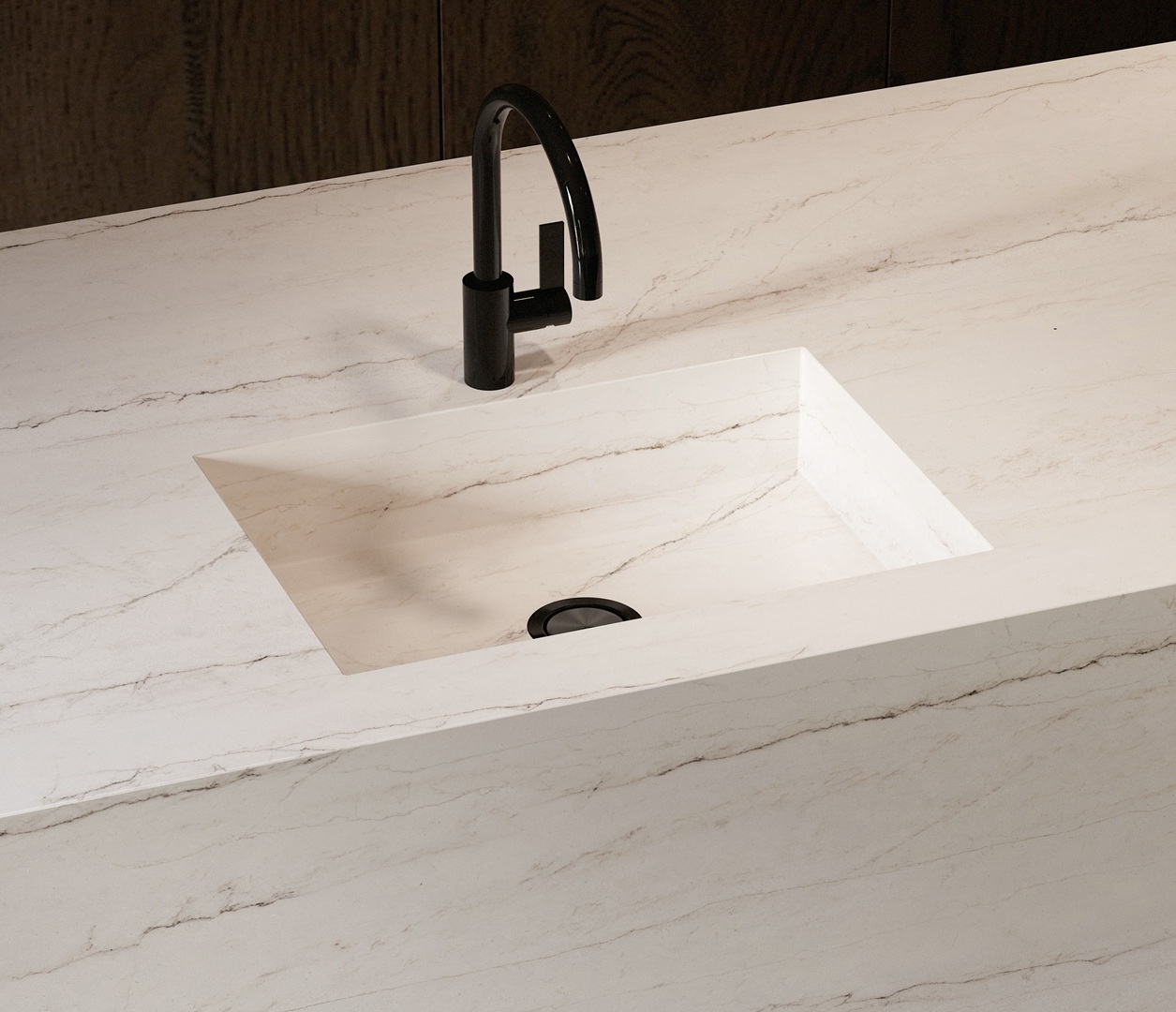 Eclos Ivora countertop with integrated sink and black faucet