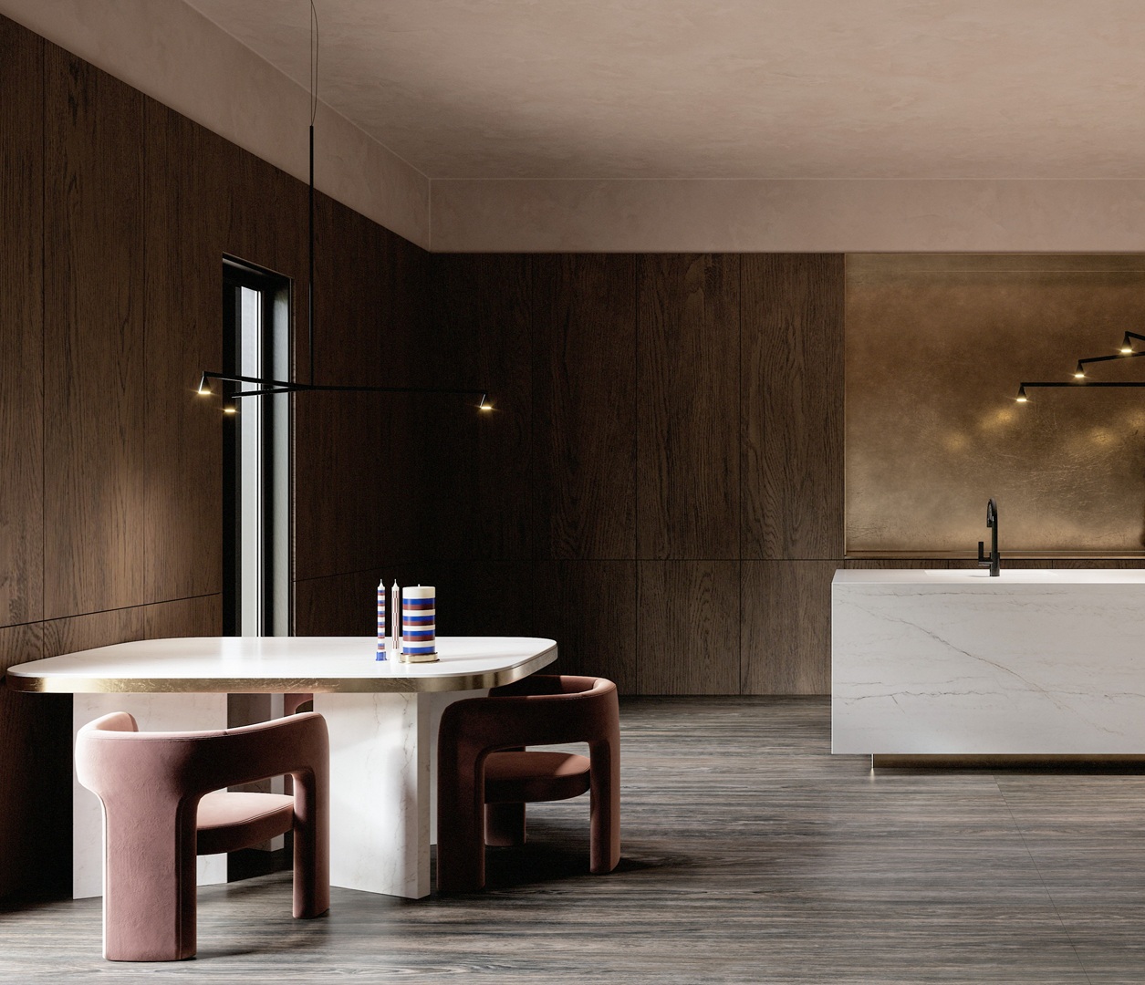Eclos Ivora: Modern dining set with pink chairs and marble island in a wood-paneled room.
