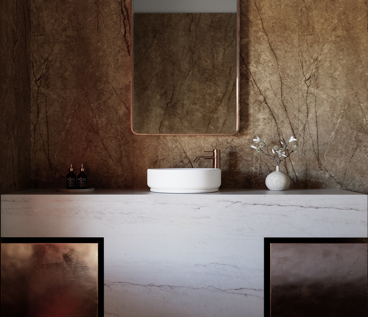 Modern bathroom vanity with a white vessel sink, copper faucet, and marble countertop.