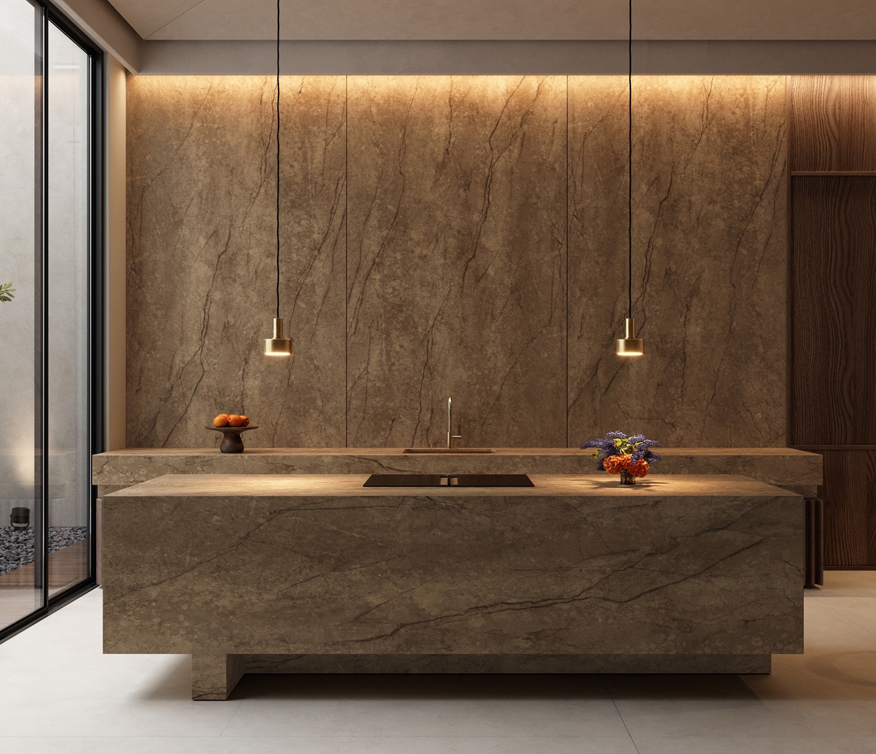 Modern kitchen island with stone countertop and pendant lights