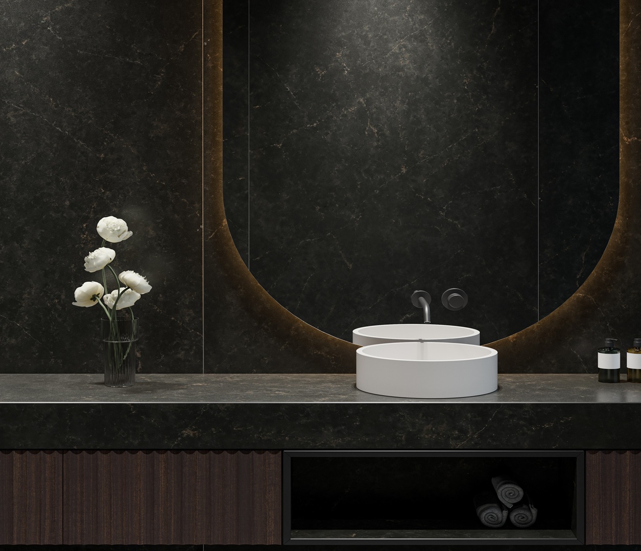 Eclos Phantome: Modern bathroom vanity with dark marble, white vessel sink, and elegant mirror