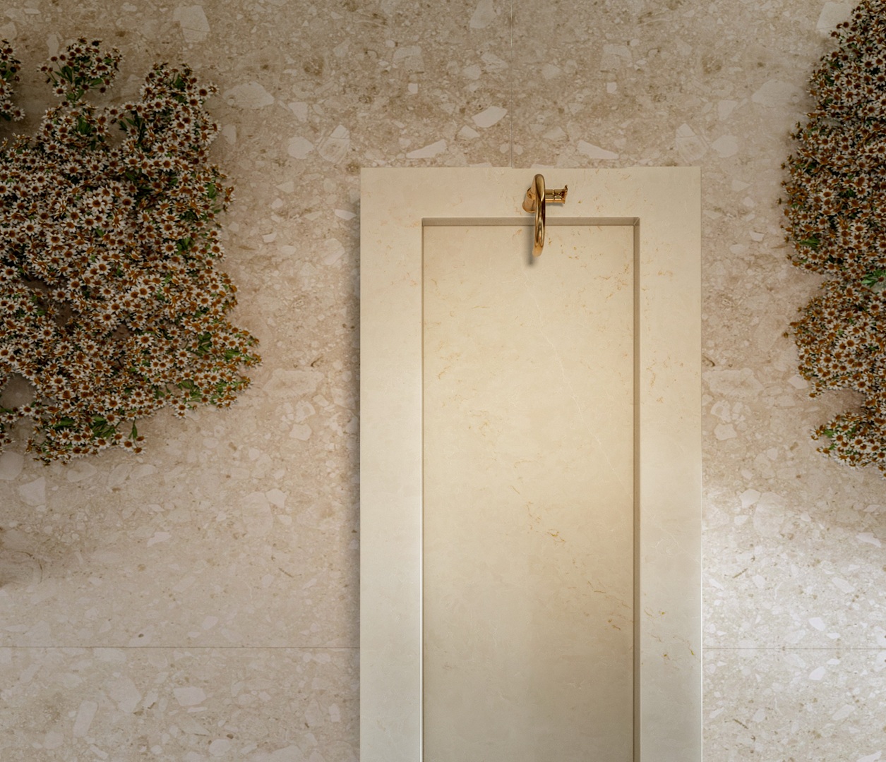 Eclos Sandr: A cream-colored door with a gold handle set in a textured marble wall with floral accents.