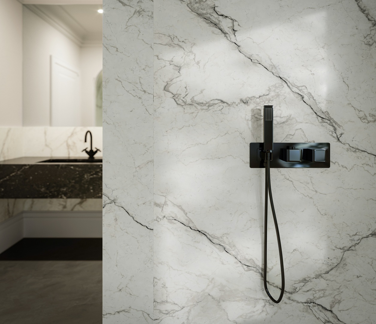 Modern black showerhead and controls on a white marble wall