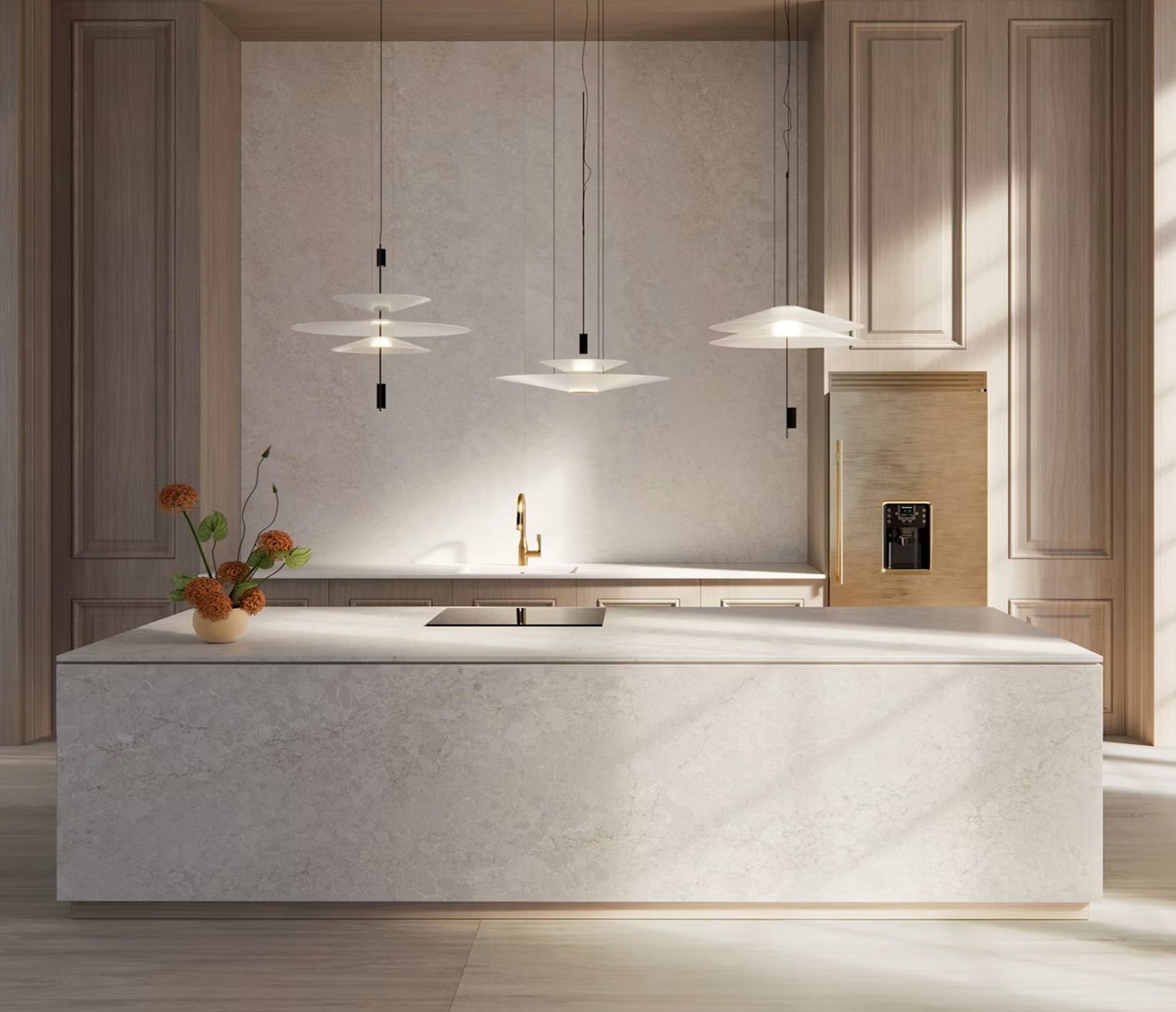 Modern minimalist kitchen with a large stone island and pendant lighting.