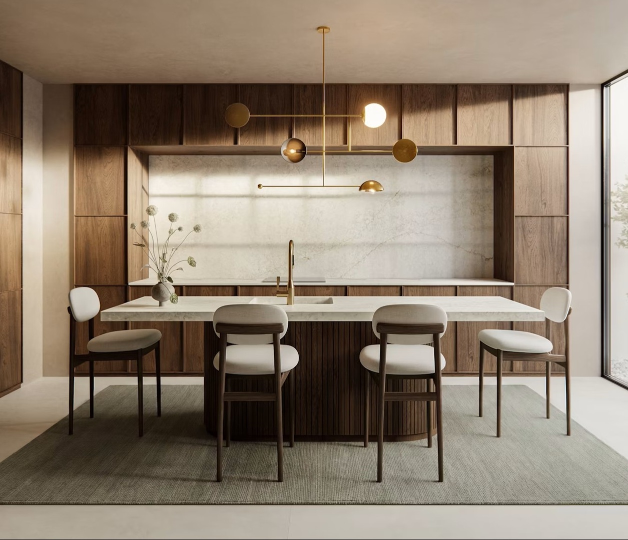 Eclos Vancor modern kitchen with wood cabinetry, island, and pendant light.