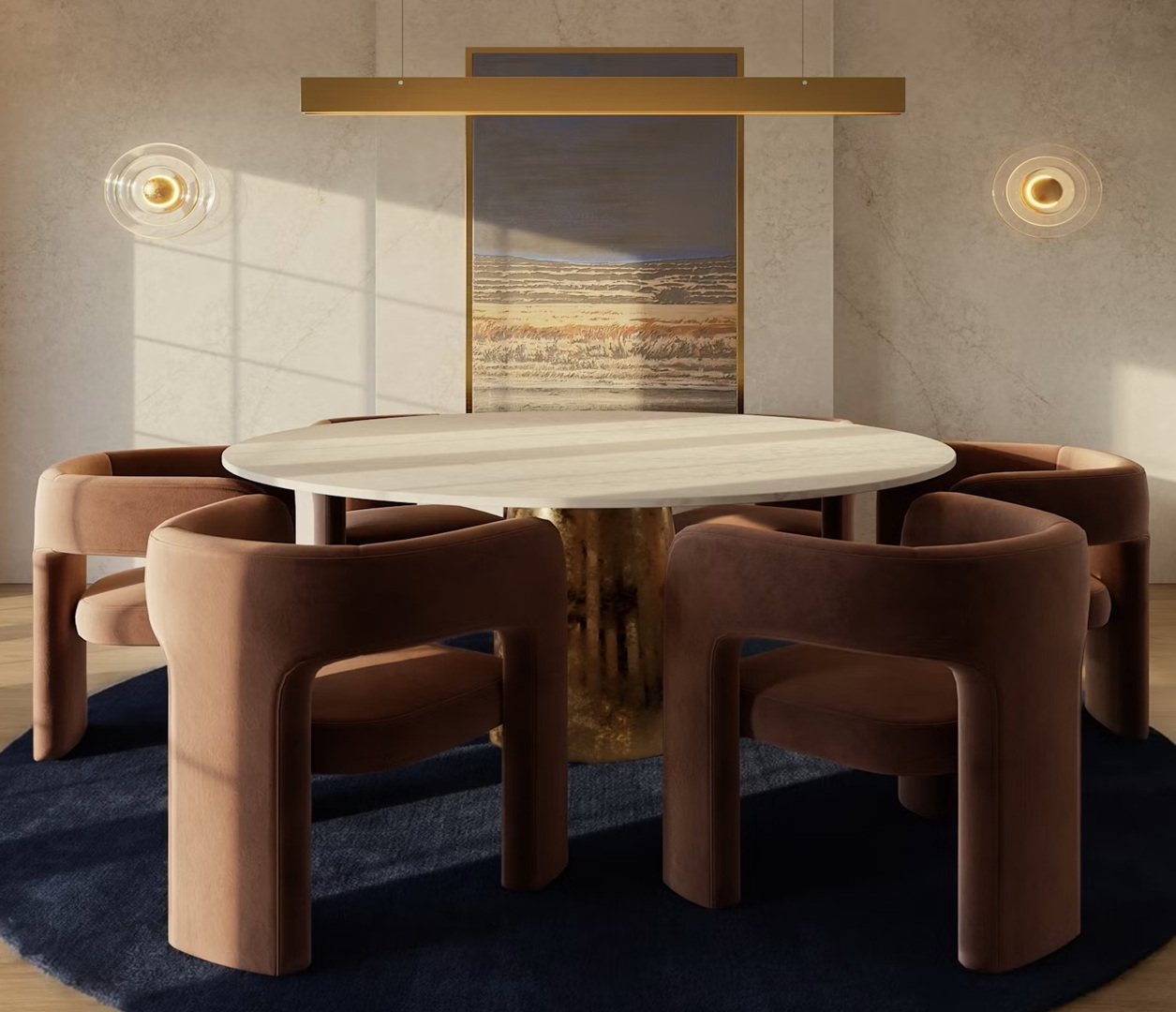 Eclos Vancor dining set: round marble table, brown velvet chairs, art, and wall sconces.