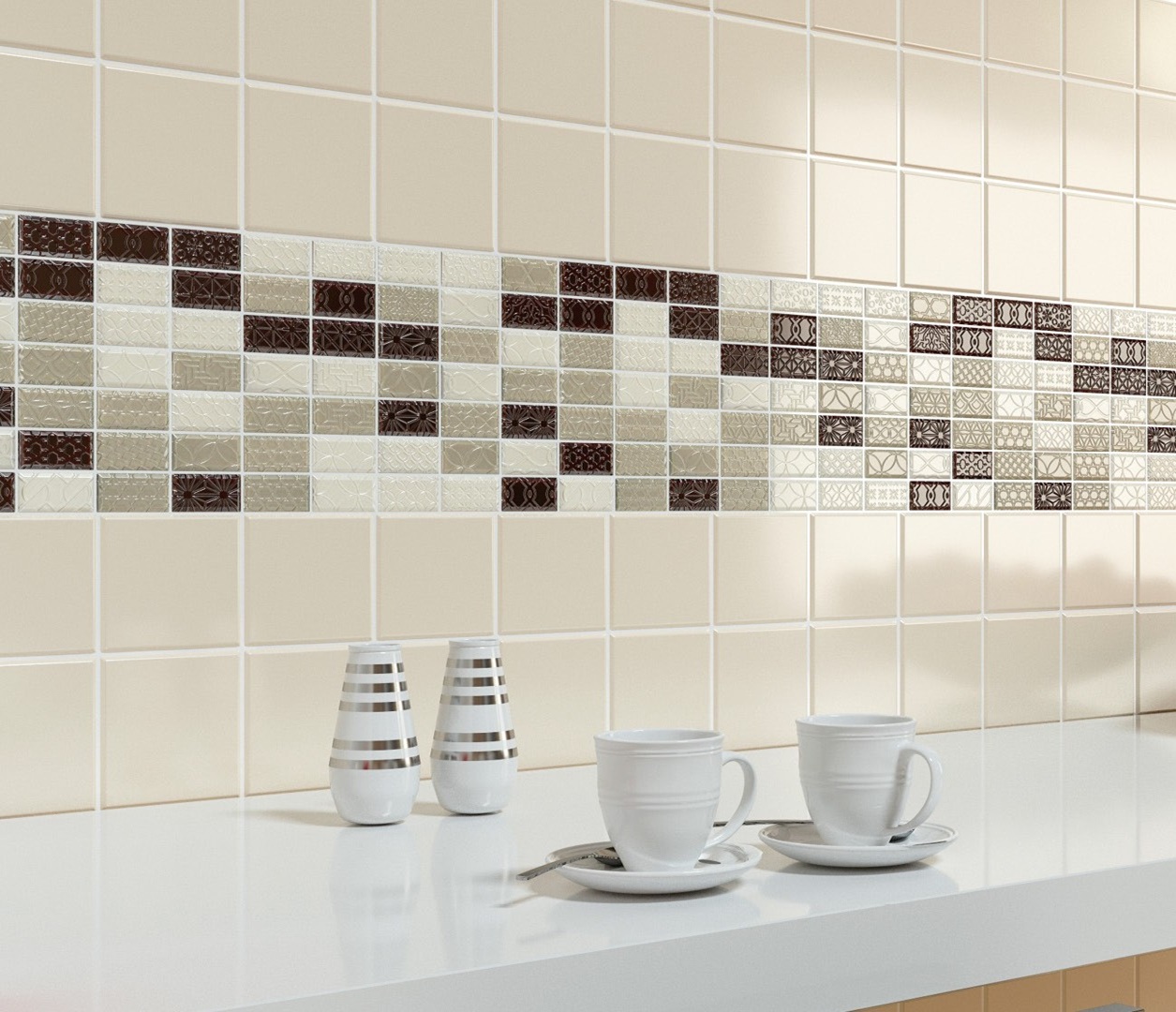 Avant Quartz 1001 Blanche mosaic tile backsplash with decorative cups and vases.