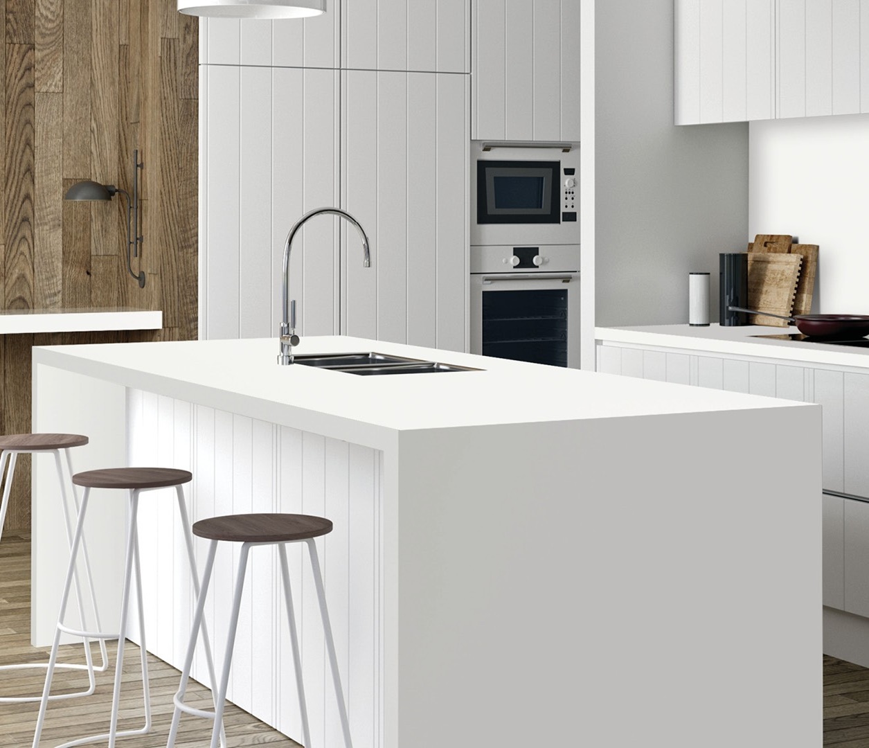 Avant Quartz 1001 Blanche kitchen island with modern sink and stools.