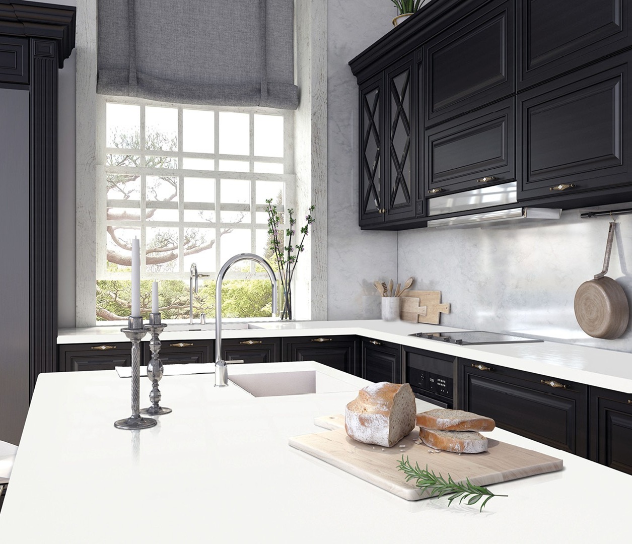 Avant Quartz 1001L Blanche countertop with bread and rosemary in a modern kitchen.