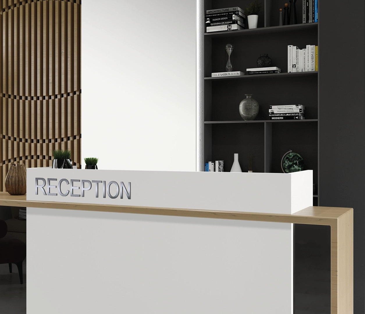 Avant Quartz 1001 Blanche reception desk with modern shelving