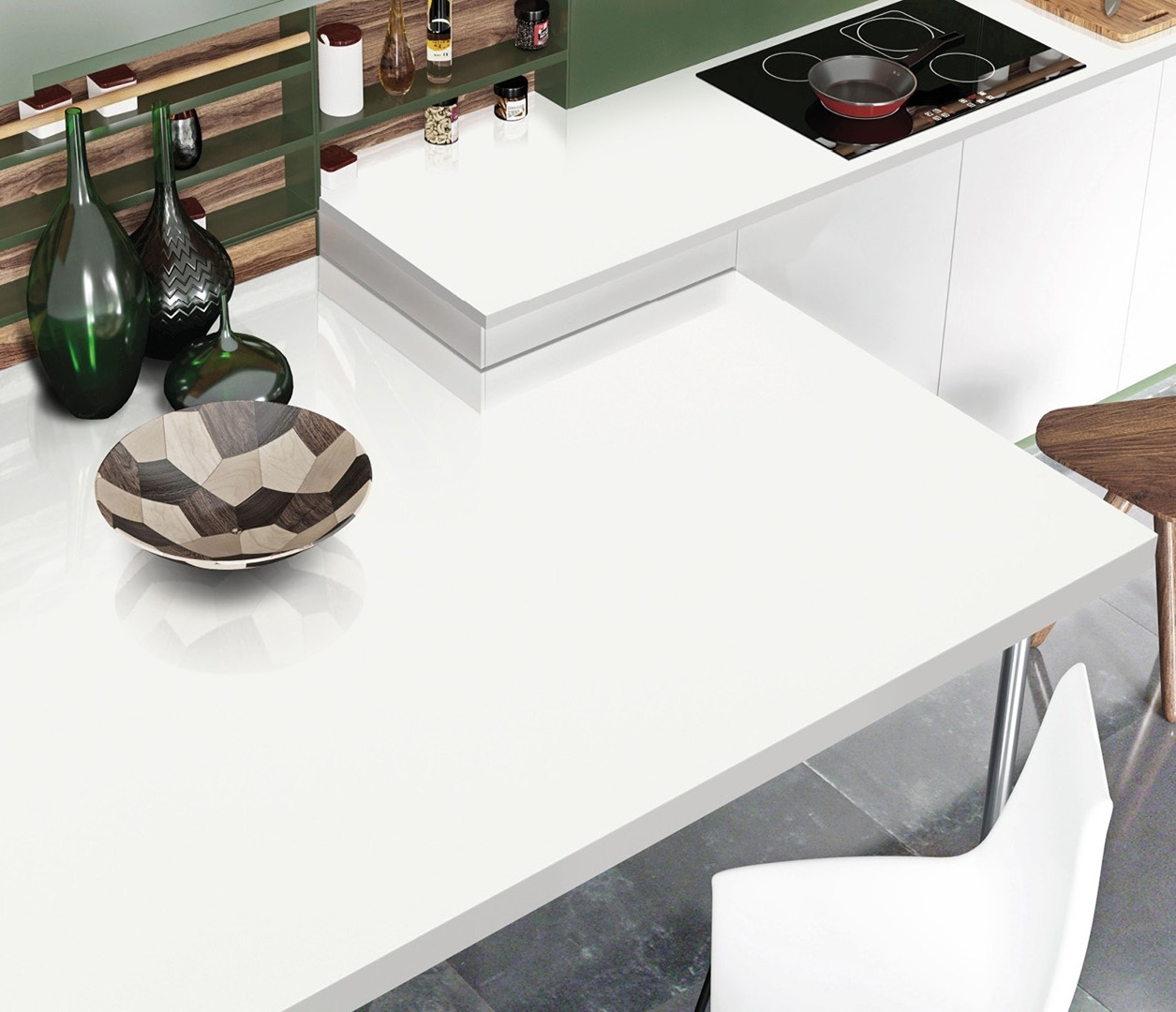 Avant Quartz 1001 Blanche countertop in a modern kitchen with decorative vases and a checkered bowl.