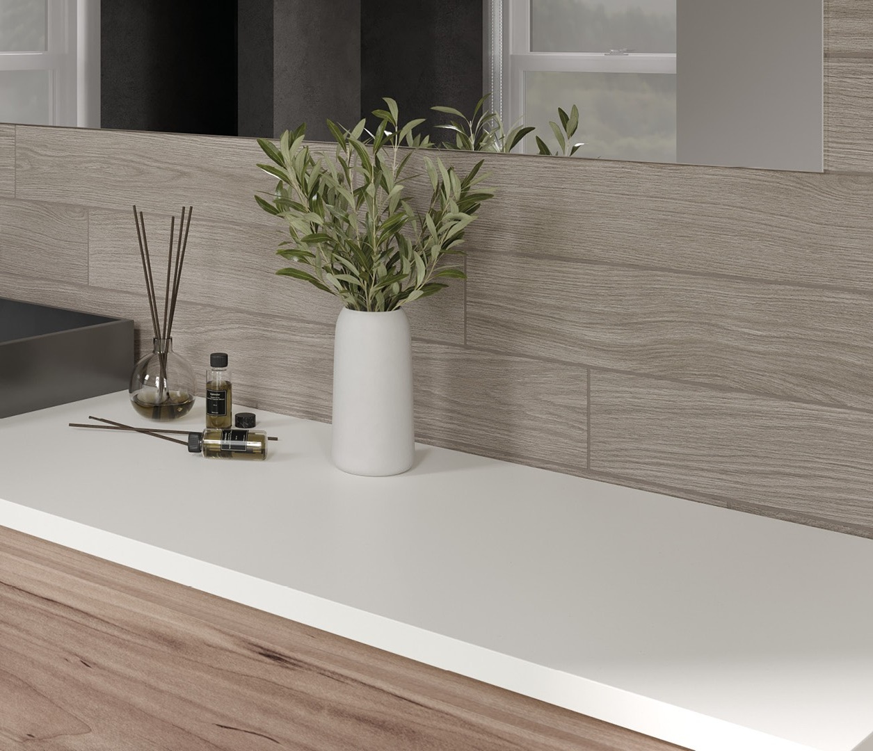 Avant Quartz 1001L Blanche countertop with wood-look tile backsplash and decor.