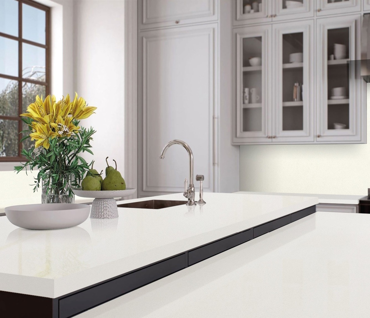 Avant Quartz 1012 Amiens countertop with fruit and flowers in a modern kitchen
