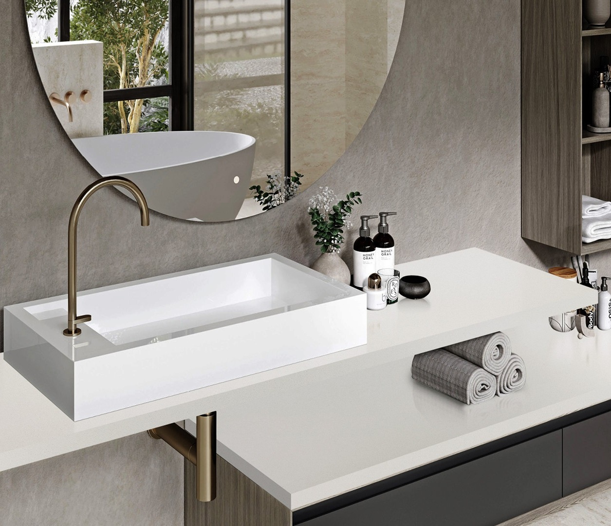 Avant Quartz 1012 Amiens countertop with modern white sink and gold faucet.