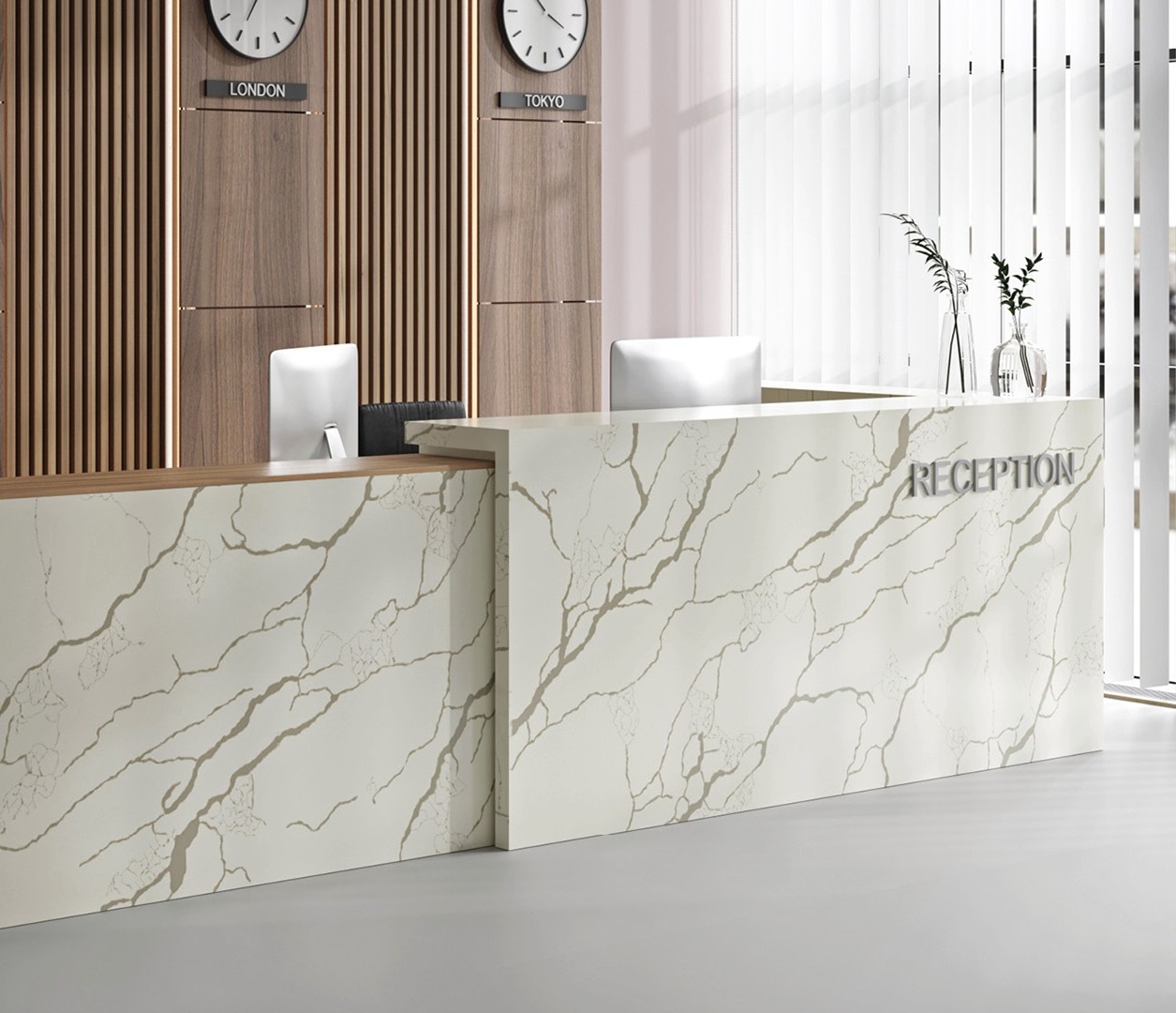Avant Quartz 7404 Calacatta Venato reception desk with marble pattern