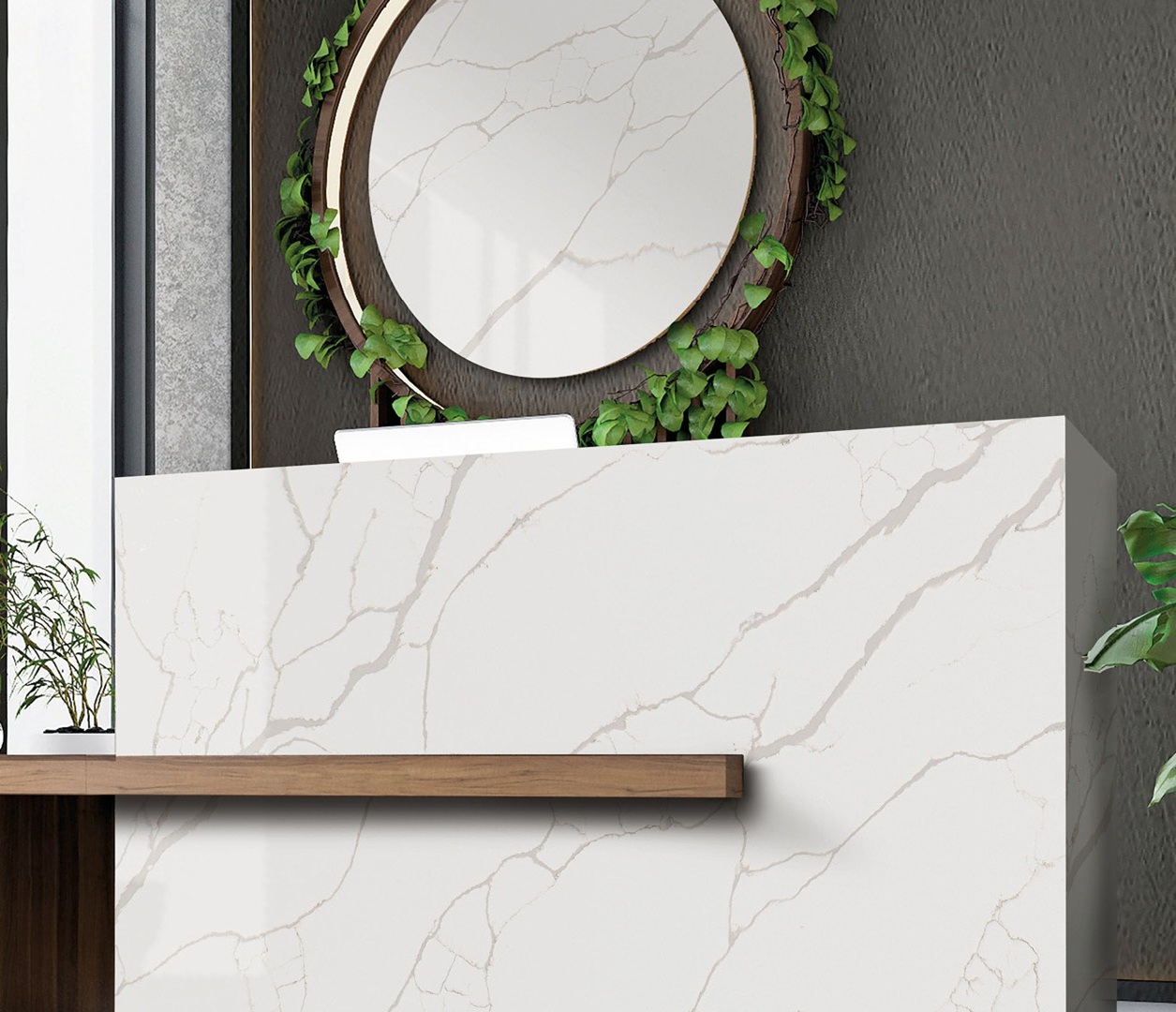 Avant Quartz 7404 Calacatta Venato countertop with a wooden shelf and circular mirror