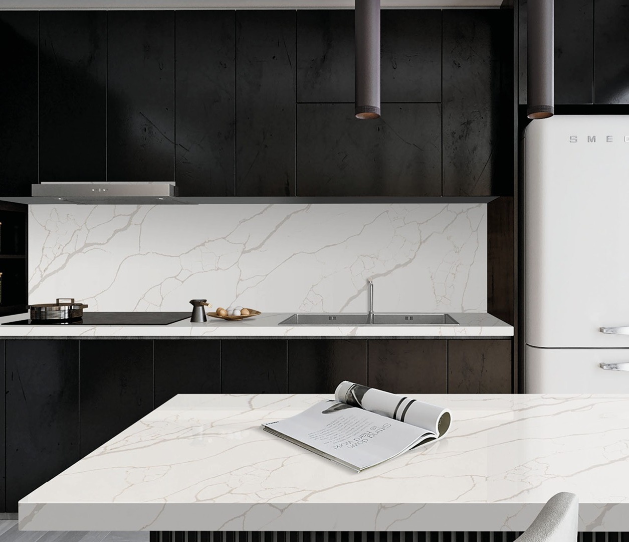 Avant Quartz 7404 Calacatta Venato countertop in a modern black kitchen