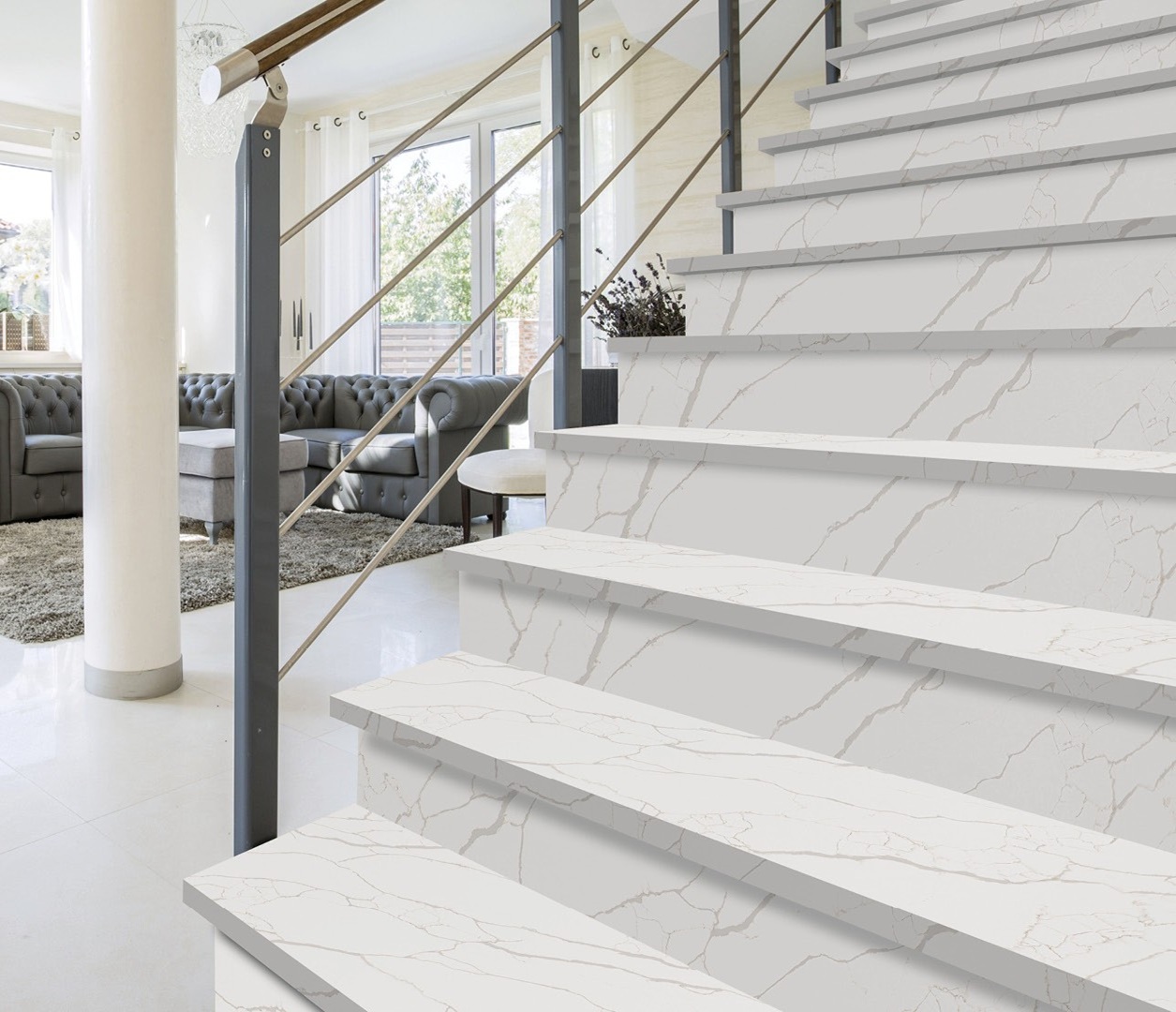 Avant Quartz 7404 Calacatta Venato stairs with a modern living room background