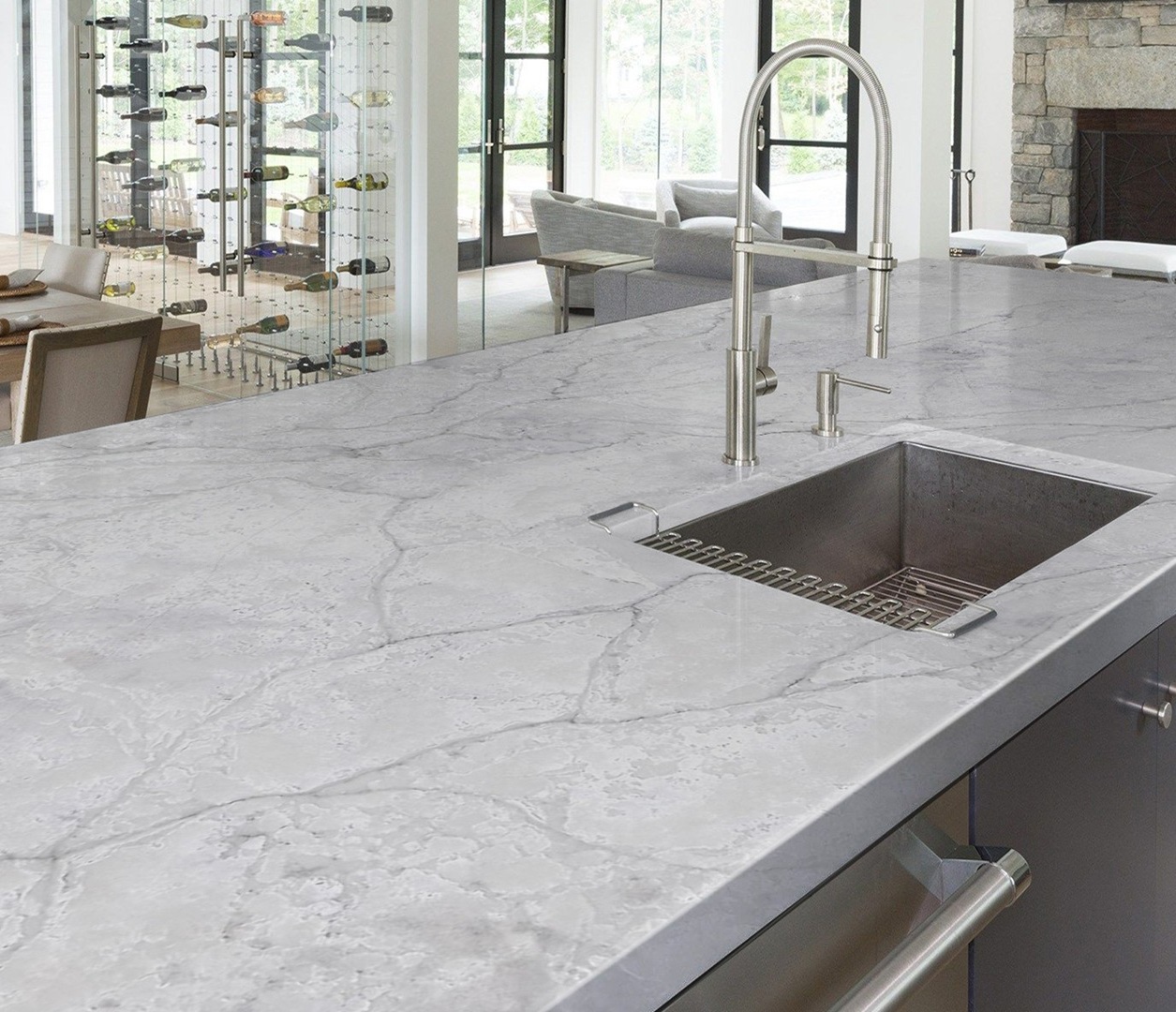 Avant Quartz 7970 Calacatta Troyes countertop with integrated sink and faucet
