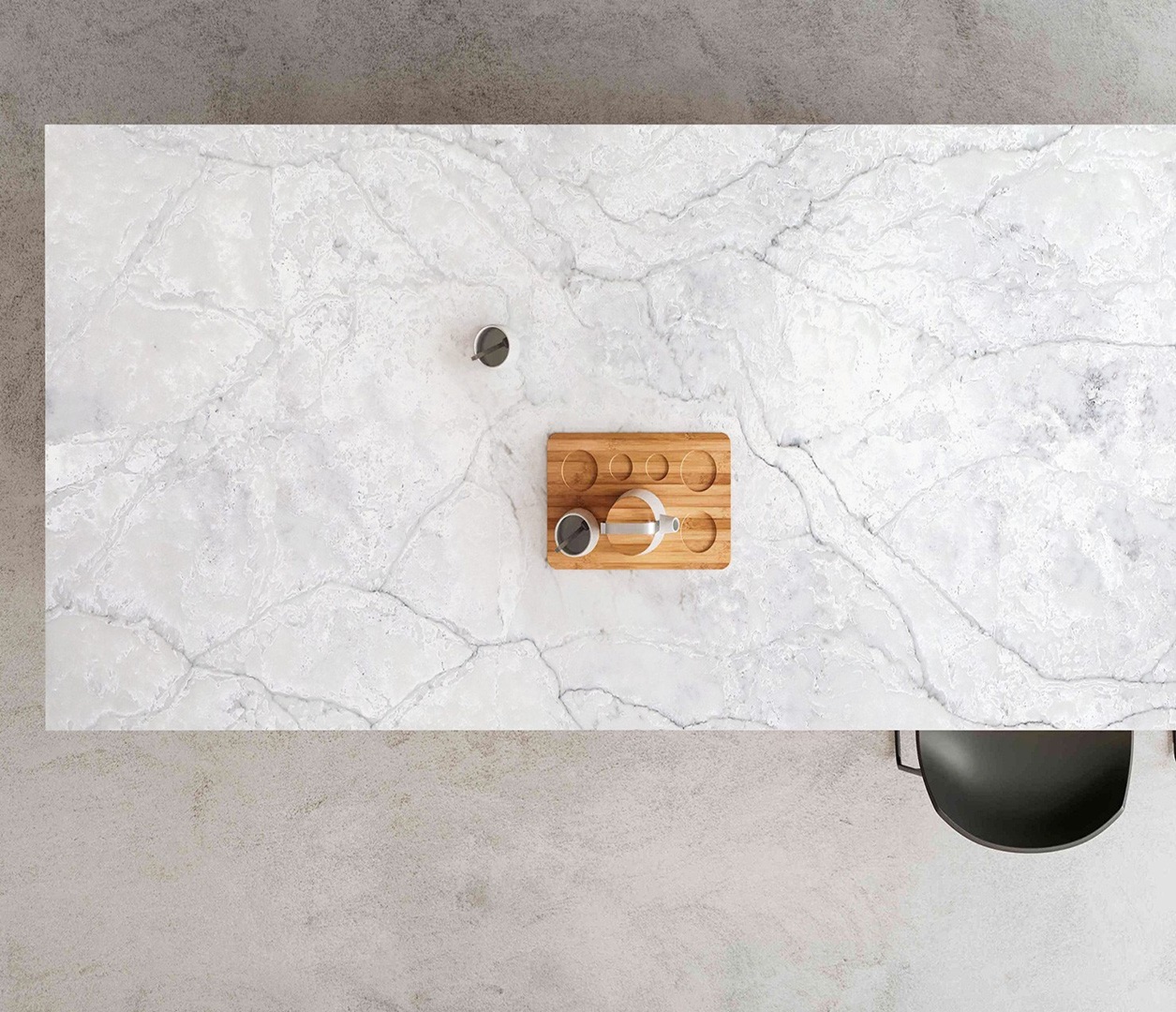 Avant Quartz 7970 Calacatta Troyes countertop with coffee cups