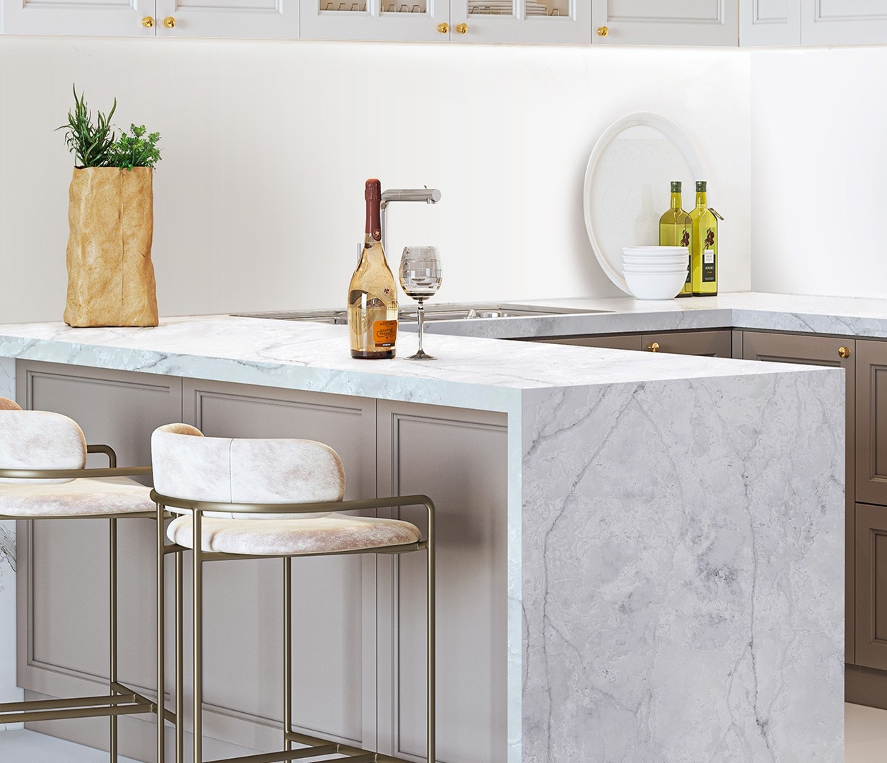 Avant Quartz 7970 Calacatta Troyes countertop in a modern kitchen