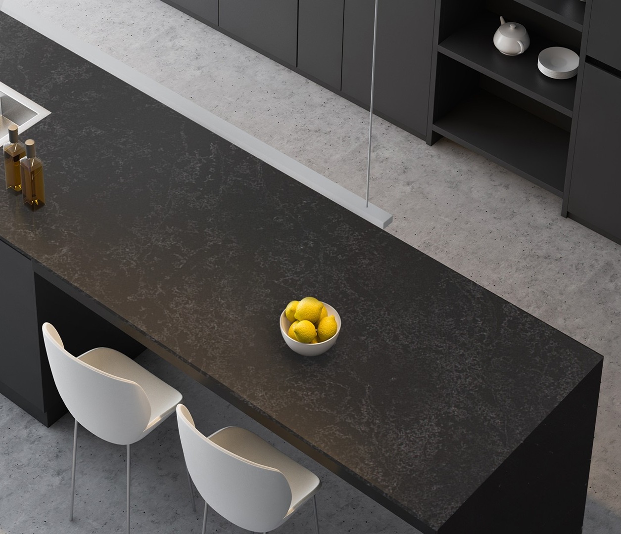 Avant Quartz 8811H Reze countertop with lemons and modern chairs
