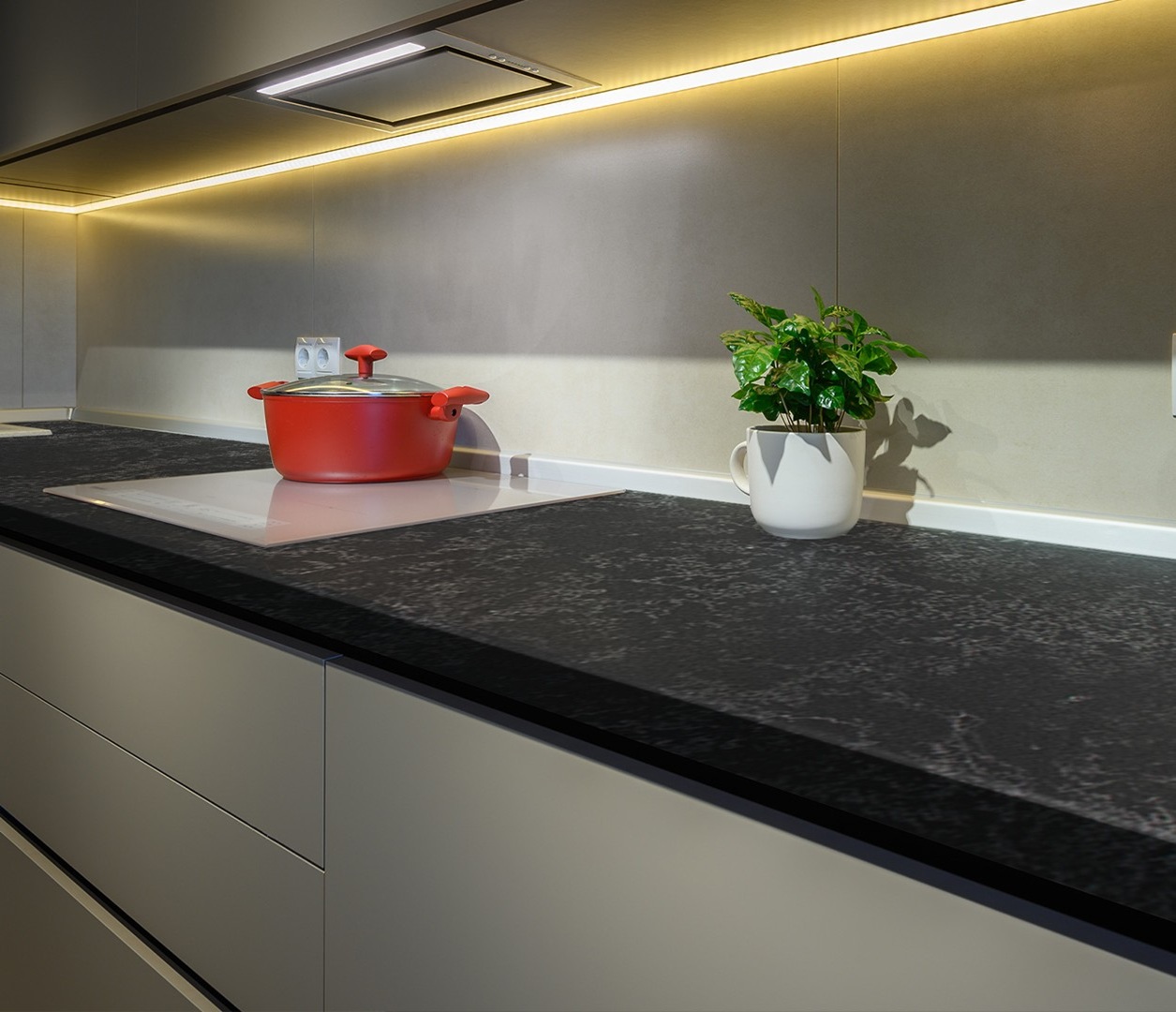 Avant Quartz 8811H Reze countertop with red pot and plant