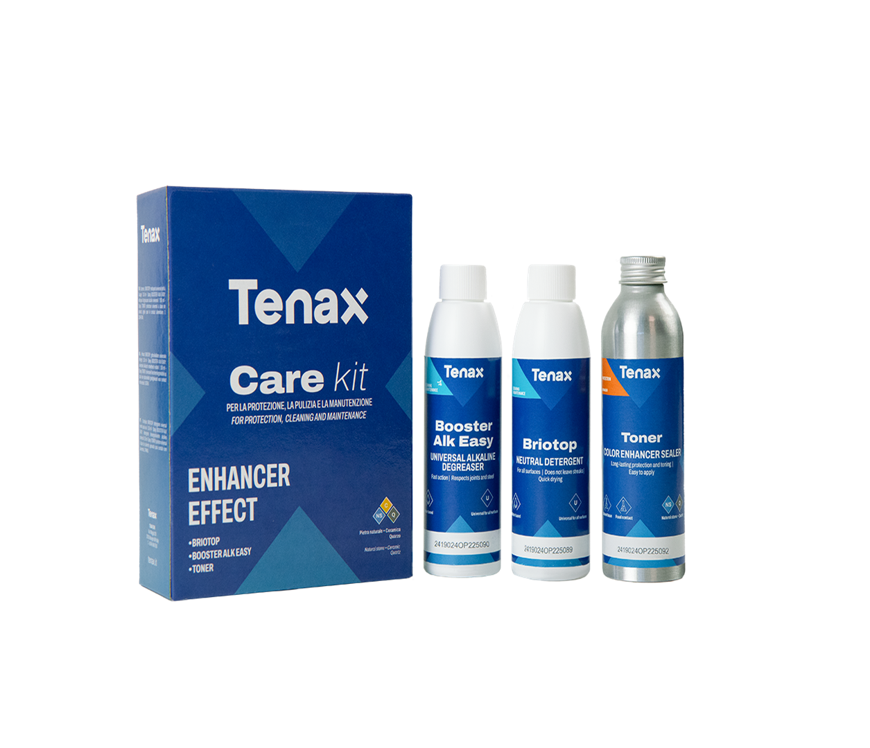 Marmi Futerno supplies Tenax Carekit Natural Effect for daily cleaning, stubborn stain removal and natural-effect protection of marble, quartzite and composite stone.